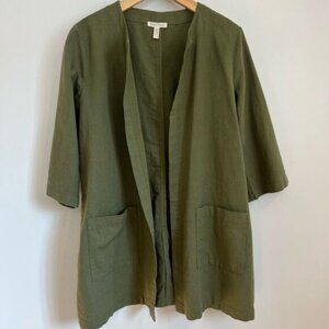 Eileen Fisher Women’s Organic Cotton Green Jacket Size Medium Open Front Boho